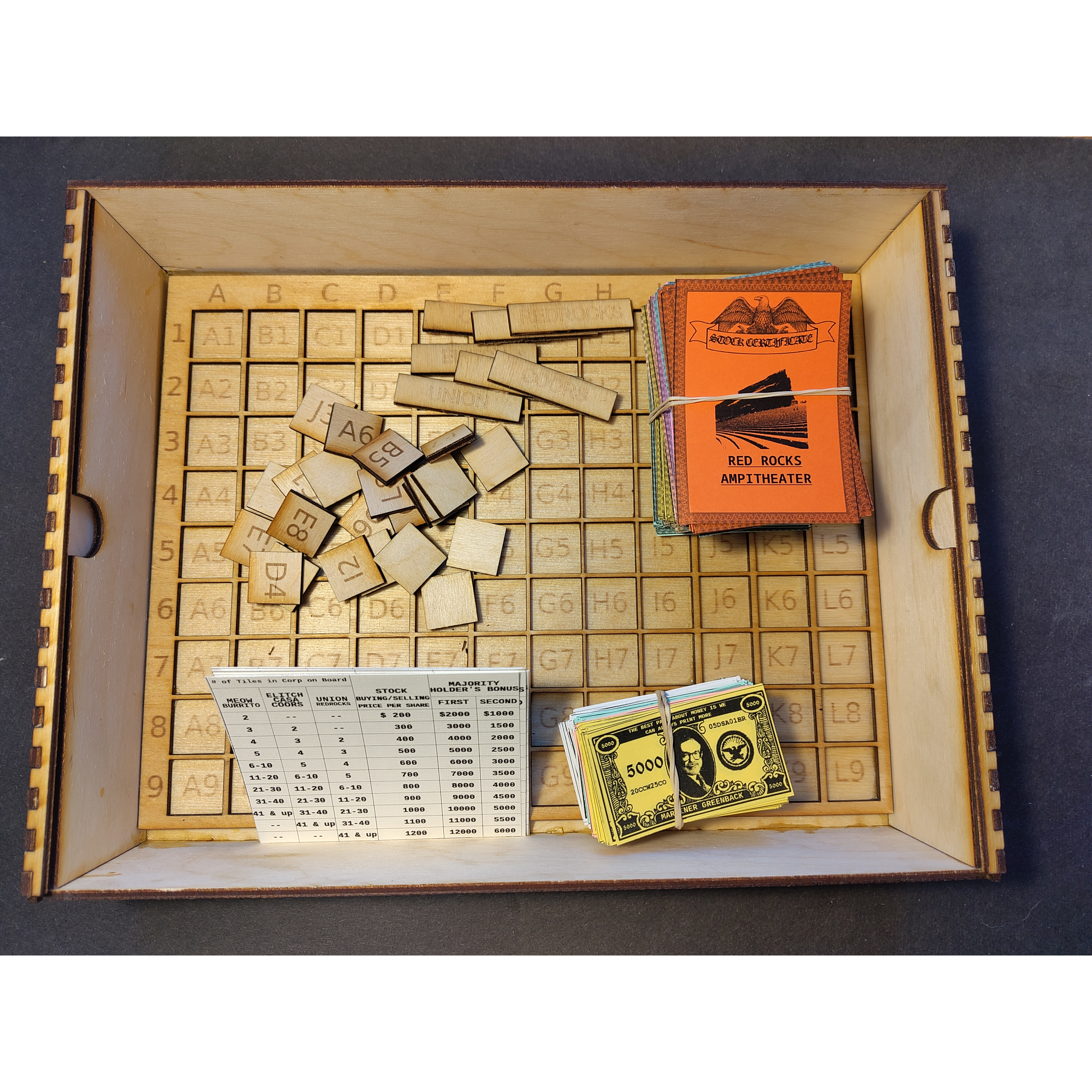 a lasercut wooden box with the word acquisition on the lid opened to reveal contents